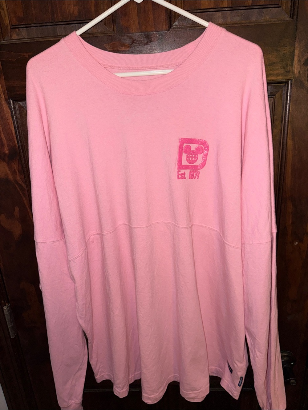 Disney Pink Long-Sleeve Tee with Chest Mickey Logo spirit jersey.